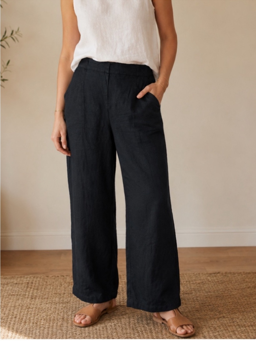 Flax Wide-Leg Linen Pants in Black M